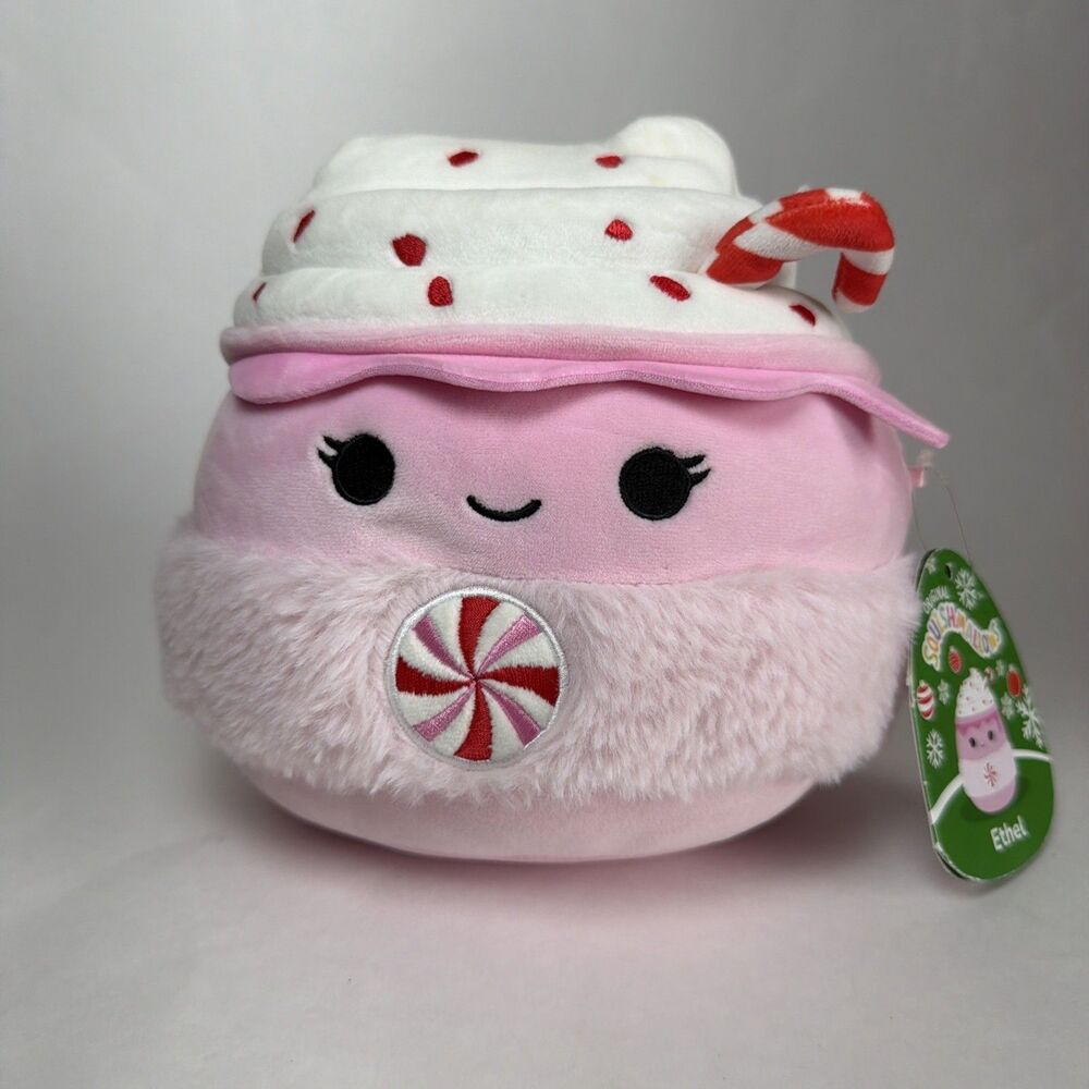 NWT Squishmallows 8 inch Ethel The Candy Cane Hot Cocoa Christmas Pink Plush